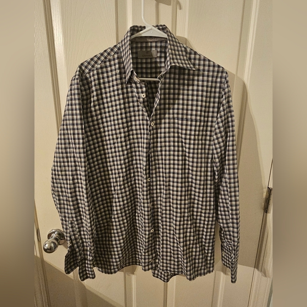 Canali Men's Plaid Button Down Dress Shirt Cotton White Blue Gray Size M